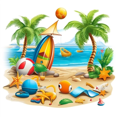 realistic splahsy beach clipart that showcases the beauty and serenity of the coastline palm trees, sandy beaches, clear blue skies, and gentle waves. Add vibrant and colorful beach accessories such as beach balls, frisbees, and umbrellas to create a lively atmosphere