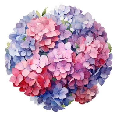 watercolor, hyper realistic, white background, white margins, 16k, ultra detailed clipart, cut out image, hand-drawn a cluster of hydrangea flowers with pink and purple petals, arranged in a circular pattern.in the style of opacity and translucency, impressionist colorism, colorful arrangements