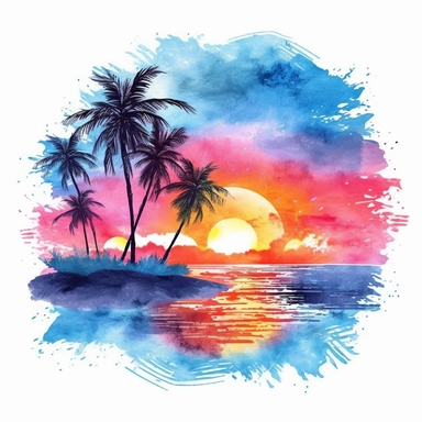 tropical watercolor sunset at the beach, in the style of blue, clipart