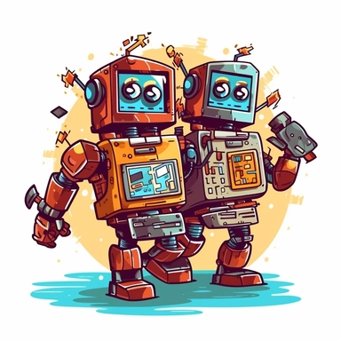 two robots made out of computer chips are riding together, 90s animated tv series style cartoonish lithography clipart sticker style