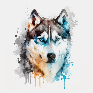 the Siberian Husky is painted beautifully with watercolor splashes, in the style of light azure and dark amber, uhd image, avacadopunk, ferrania p30, elegant, emotive faces, high resolution, symmetrical, white background, no overflow, clipart