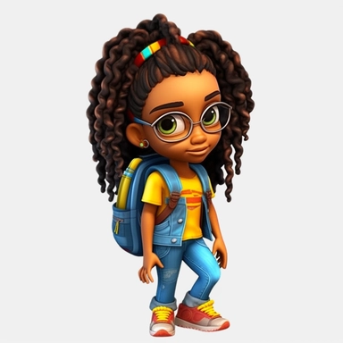 A black face chibi girl incarnate in a 3d colorful clothes, backpack, back to school motive, Black girl png, school fashion girl black clipart, Black girl Dreadlock png, black magic girl