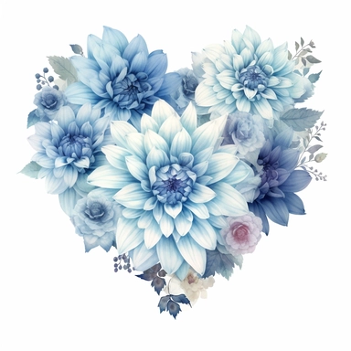 a heart shape made with soft blue and pastel blue Dahlia flowers, wet on dry watercolour style, dark gothic antique look, clipart, white background