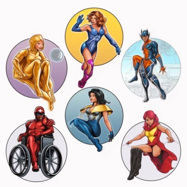 6 clipart elements, series of very hyperdetailed colorful stickers, beautiful superhero women with disabilities using aids, marvel style, superheros, each sticker with a clear white outline between each element, light grey background, realistic