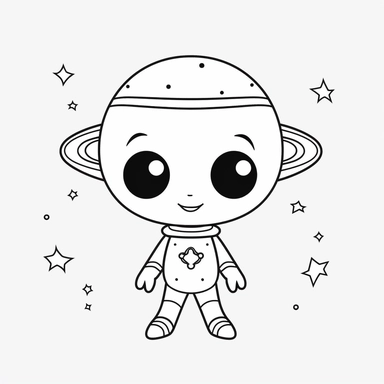 coloring page clipart of a cute alien, black lines, Kawaii style, on a white background, simple, minimalist