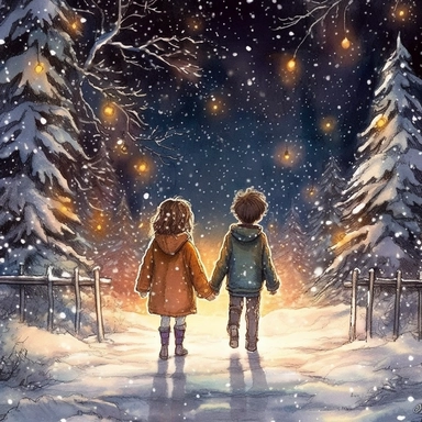 christmas eve, 2 happy children walking in Narnia, twinkling lights, Disney style of drawing, clipart