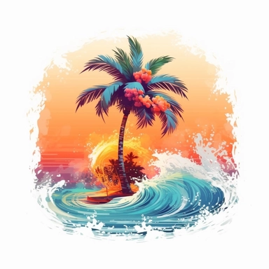 print artwork of majestic palm tree in digital painting style, sunset on the Paradise Island, beautiful flowers, big sea waves, water splashes, white background, colorful fantasy flower sorround, highly detailed clean, vector image, photorealistic masterpiece, professional photography, realistic, flat white background, isometric, vibrant vector, clipart, illustration, realism, 4k, , cinematic, front view, white background,