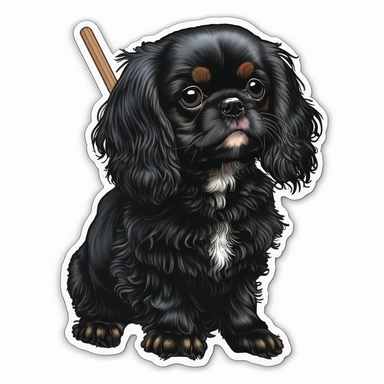 Black King Charles Spaniel playing, Clipart, flat looking, sticker, woodstick
