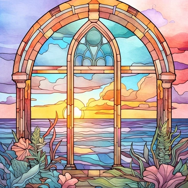 commercial shot of watercolor beach landscape Stain glass window clipart, whimsical, sublimation clipart, fantasy, deep colors, high quality watercolor style clipart, isolated on white, award winning,