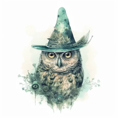 witch owl wearing a witch hat , in the style of mystic mechanisms ,pencil art illustrations, Isolated white background, reimagined by industrial light and magic, lith printing, illusory images, watercolor clipart, very subtle emerald tones, , ,