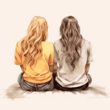 2 beautiful best friend girls sitting together back view illustration clipart, Cartoon, hyper realistic, intricate detail, illustration style,high solution,on the white background
