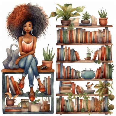 Watercolor bookshelves, boho, cute african american woman reading, clipart set