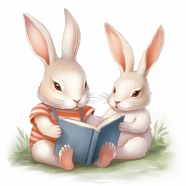 Cute rabbit wear pink shirt read children book to shirtless white cute bunny clipart,smile expression, they sit side by side pose, left side view, in the style of watercolor cartoon clipart, beatrix potter style,pixar style, high resolution, composition free space, pastel color scheme, soft and tender, watercolour clipart, watercolor illlustration for kids and children,isolated white background, clipart most popular on etsy, book illustration, featured on dribble,print on demand image, PNG tranp