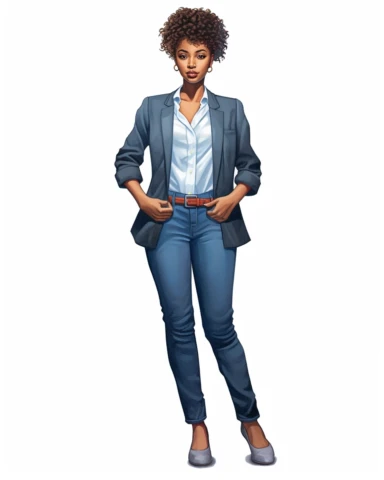 Extremely realistic digital illustration clipart, vector art of ultra beautiful African American woman entrepreneur with beautiful pixie hair cut, dressed in denim business suit in the year 2023, standing in the center of an office on a white background