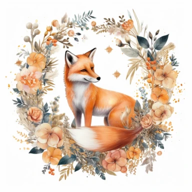 fox moon clip art october download, in the style of intricate, delicate flower and garden paintings, light white and orange, the stars art group (xing xing), dreamy watercolor florals, faux naïf, shaped canvas, white backgound