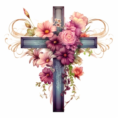 boho christian cross on flowers, digital art, clipart on white background by greg rutkowski