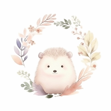 cute hedgehog in a dainty minimalist floral wreath, watercolour, magical, kids art, clipart, isolated white background, 8k