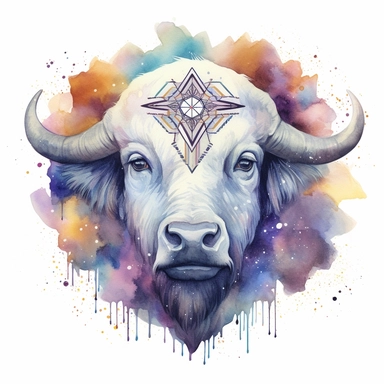 watercolor clipart of white buffalo with cosmos visible in the back, sparkles, sacred geomtrical patterns