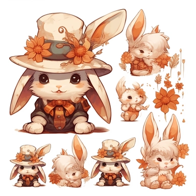 a set of clipart of a bunny, hat and flower, in the style of kawacy, expressive character designs, white and amber, gigantic scale, subtle ink application, hall of mirrors, mottled