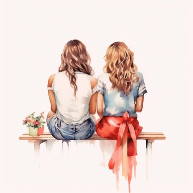2 beautiful best friend girls sitting together back view illustration clipart, high detailed, white background, illustration painting, digital art, 8k, hd, watercolor