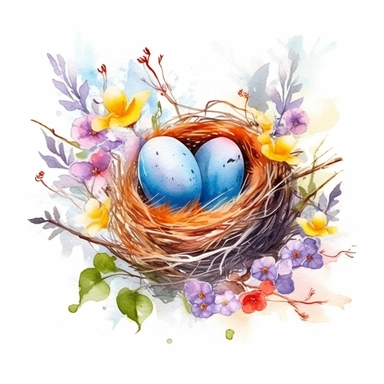 clipart, isolated on white background, beautiful cute Watercolor Spring nest with eggs near the bird, flowers and branches and leaves, ornated, vivid and saturated colors