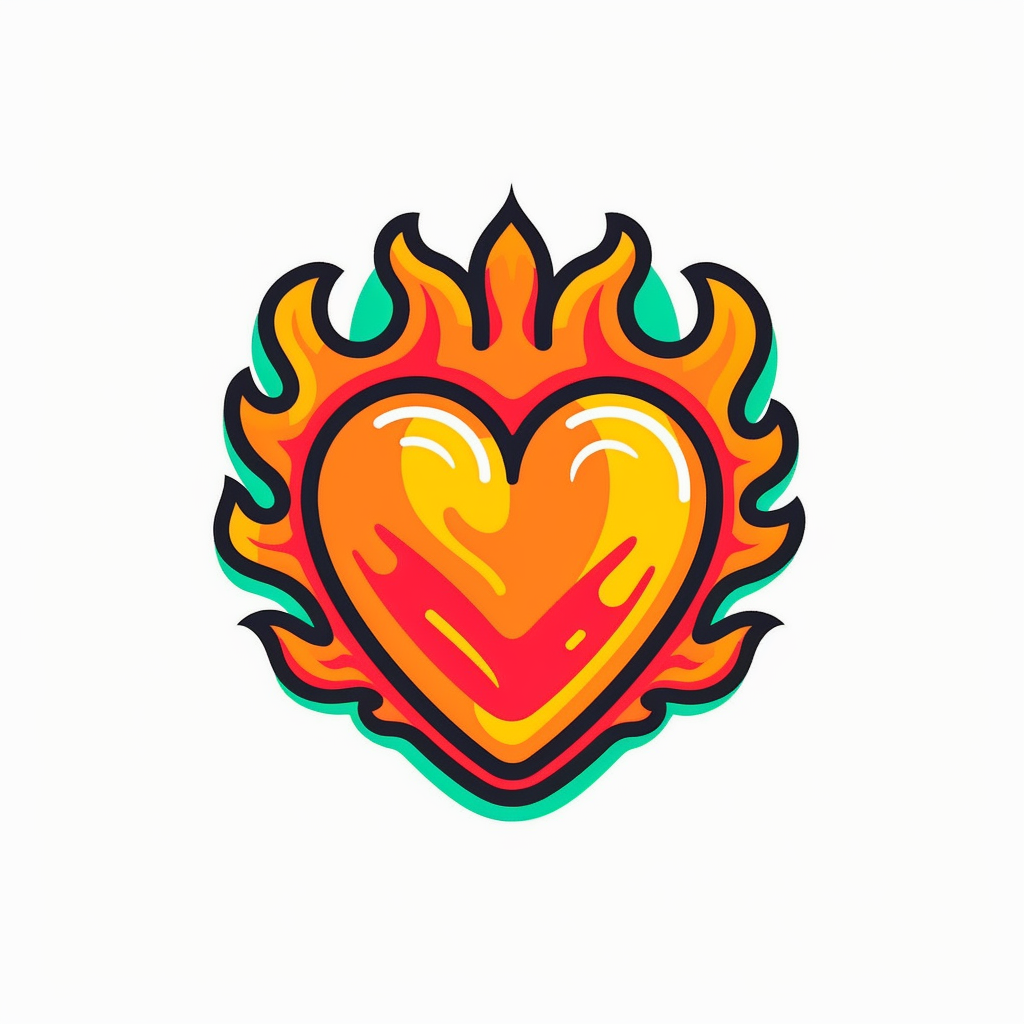 Create a captivating clip art vector design of a heart on fire, evoking the essence of the 90s, against a clean white background. The heart should possess a retro vibe, featuring bold, blocky shapes reminiscent of 90s video game graphics or pixel art. The flames surrounding the heart should burst with vibrant colors like neon green, electric blue, and fiery orange. Incorporate elements like stars, lightning bolts, or abstract patterns to add a dynamic and energetic feel to the composition. To en