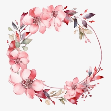 Watercolor pink flower frame border, floral clipart, Wreath with watercolor leaves, flowers, frame, border