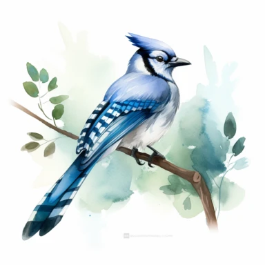 a single watercolor blue jay sitting on a leafy branch clipart, hd, white background, spaced out
