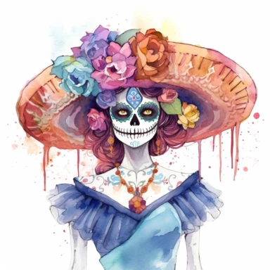 Day of the dead la catrina in the style of water color painting, full body , vibrant colors, on a white background style by Lucy Fleming, watercolor, smooth gradients, black contour outline, ultra detailed, clipart elements, delicate pastel colors, solid white background, super clear, high qua lity