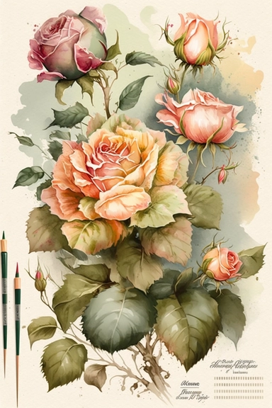 Create an image of vintage watercolor roses with splashes in a 2:3 ratio clipart. The final image should be created using traditional watercolor techniques, with high-quality paper and professional-grade paints.