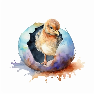 realistic waterolor small chick hatch from the egg with cracked egg shell on the ground, solid white background, clipart