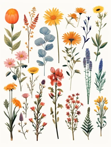 Wildflowers, Flower Meadow , Flower Border, Minimalist Flower Bouquet, Wildflower Clipart hand drawn sketch with colors of wildflower meadow drawings boho minimalist style