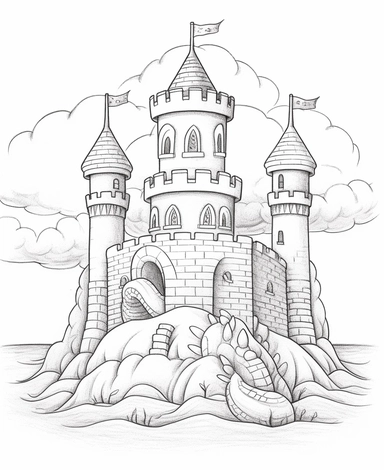 coloring page for kids, clip art style, black and white, no shading, cute sandcastle on beach with clouds,