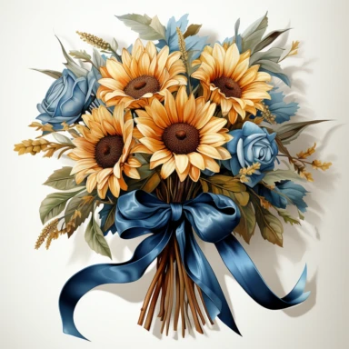 bouquet sunflowers wrapped in blue ribbon, in the style of photo realistic and hyper-detailed watercolor, sketchfab, ahmed morsi, realistic watercolor, use of common materials, handcrafted designs, clipart with white background