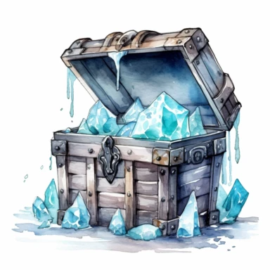 a frozen ancient treasure chest with protruding icy ornaments Clipart Watercolor, White background, HD