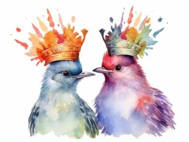 Watercolor clip art on white background, Crowned Birds Clipart, high-resolution image with vibrant and true-to-life colors, isolated