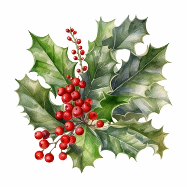 Festive Holly Arrangement Watercolor Art, Beautiful Realistic Clipart, Vibrant Colors, Creative Artistic, Emotional, Detailed, Isolated white background