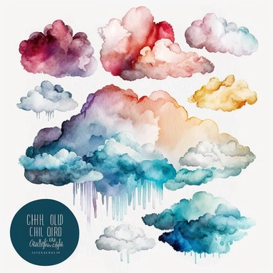 clouds, ombre, watercolor,all white background, clipart