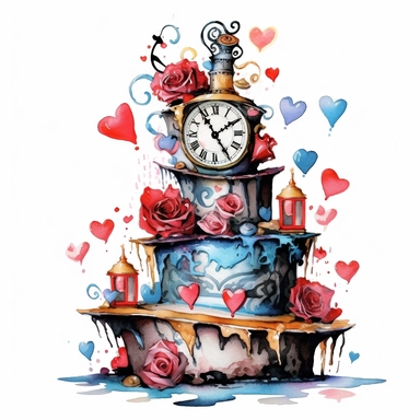 An alice in wonderland tier cake, with layers lopsided in different colors, watercolor steampunk style, with clocks, red hearts and red roses, white background, clipart