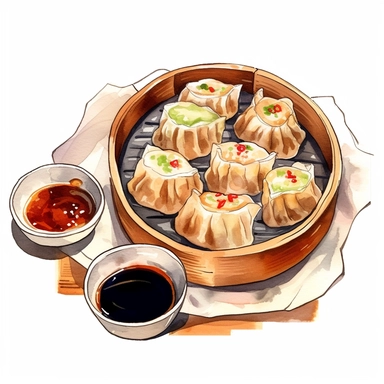 watercolor, hyper realistic, white background, white margins, 16k, ultra detailed clipart, cut out image, hand-drawn a traditional Chinese dim sum platter with a variety of steamed dumplings and buns, served with soy sauce and chili oil in the style of nightcore, multilayered realism, ricoh ff-9d, light gray and light brown, mushroomcore, dark red and green, heavy shading