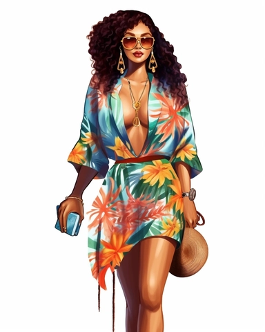 Realistic Digital Illustration of black girl magic Fashion Girl with Curly ginger hair Clipart featuring diversity girl in stylish Fashion Nova tropical Floral Print Ruched Split Thigh Dress summer outfit. High-resolution watercolor illustration that captures the essence of a Lady Boss on vacation. Used for social media graphics, apparel designs, ultra clear detailed bold colors
