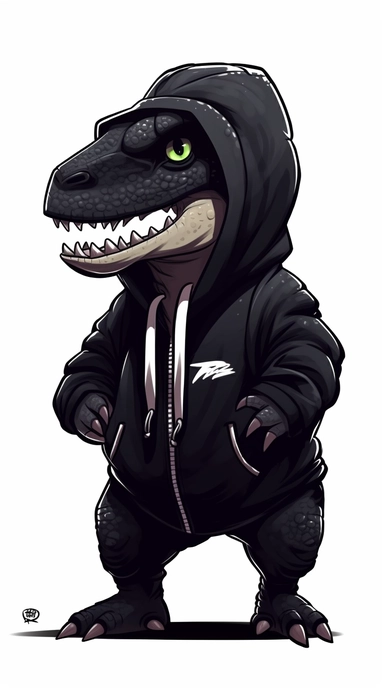 A trendy and compact T-Rex wearing a minimalistic black streetwear outfit, with the hood pulled up and a prominent white logo displayed on the front. Against a pristine white background, the T-Rex's hooded appearance adds an element of mystery and attitude to its fashionable ensemble. Style: Sleek miniature minimalistic. Lighting: Clean and well-defined. Clipart graphic, vector, contour, white-background