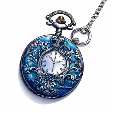 A Victorian pocket watch, ornately embellished and colored in a dazzling blue and silver, its position suggesting a clandestine moment in time, Clipart, watercolor, white background, intricate detail. A Victorian gentleman's bag, stylishly crafted in deep, magical blue shades, hinting at untold secrets within, Clipart, watercolor, white background, intricate detail. A Victorian umbrella, featuring a stylish mix of magical blue and darker hues, angled in a way to add an element of intrigue, Clipa