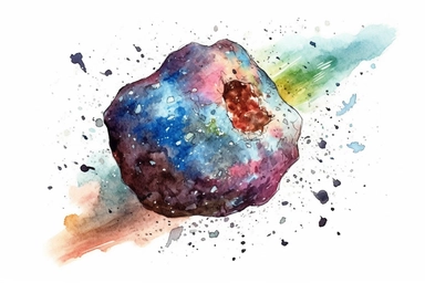 Watercolor, Design an image highlighting a potentially hazardous asteroid (PHA) on a close approach to Earth clipart, hd, on a white background, spaced out