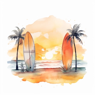 watercolour tropical beach scene sunset framed with a couple of surf boards stuck in the sand, png image that can be used as clipart