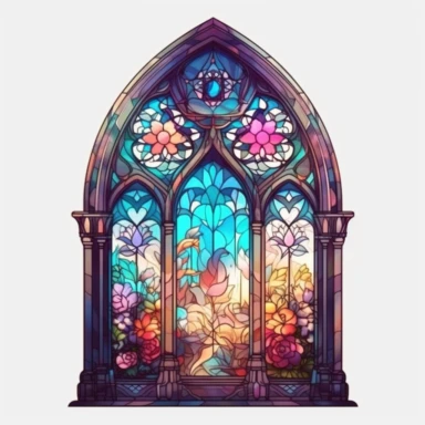 an intricate stained glass window design clipart, in the style of pastel gothic, #screenshotsaturday, reimagined religious art, multiple shapes,islamic art and architecture, watercolor illustrations, no background, vibrant colors, sunshine coming in through the glass