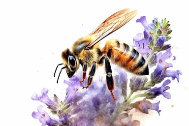 Watercolor, Design an image depicting a bee collecting nectar from a thyme blossom, contributing to the pollination of herbs, clipart, hd, on a white background, spaced out