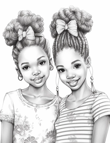little black girls with fashionable hair accessories like headbands, bows, or clips, adding flair to their natural hairstyles for a coloring page with crisp lines and white background