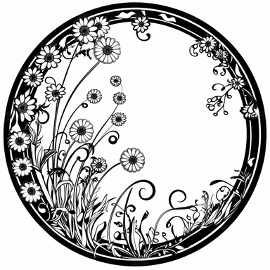Left aligned, bottom aligned, quarter of a circle, art nouveau style, black lines, detailed, flat design, flat flowers, white background, Black and white only, clipart style,