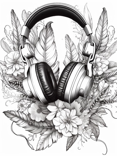 Coloring book, white background, clip art, line work. Headphones and feathers for music.
